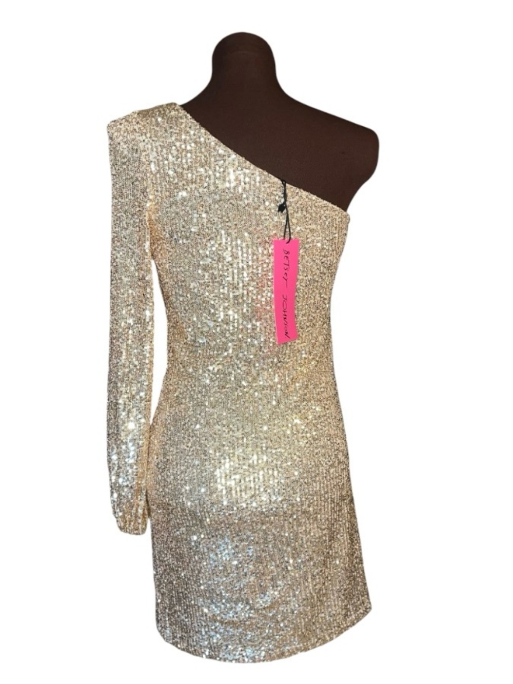 BETSEY JOHNSON Luisa Gold Shimmer Sequin One Shoulder Bodycon Party Dress Medium - Picture 6 of 10